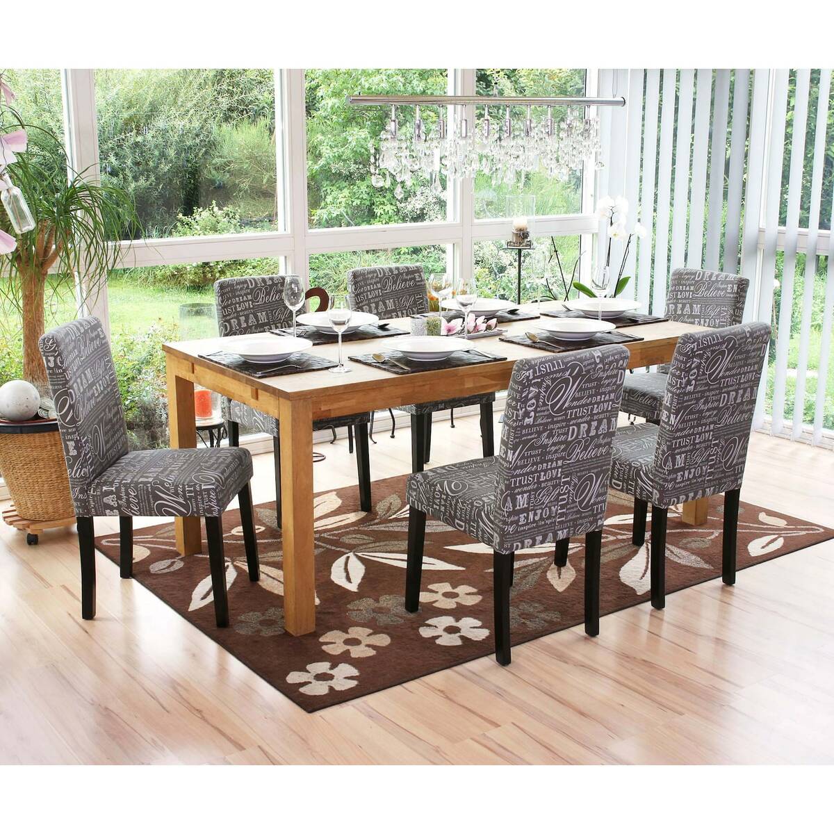 Bild 1 von 6er-Set Esszimmerstuhl Stuhl Küchenstuhl Littau ~ Textil mit Schriftzug, grau, dunkle Beine