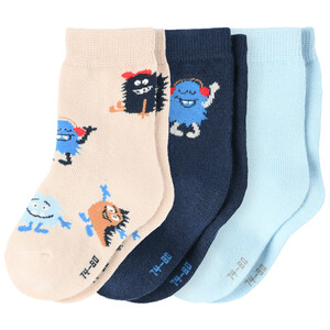 3 Paar Baby Socken mit Monster-Motiven BEIGE / HELLBLAU / DUNKELBLAU