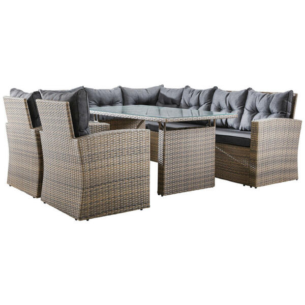 Bild 1 von Ambia Garden Dining-Loungeset, Grau, Dunkelgrau, Metall, Kunststoff, Glas, Textil, L-Form, 177x67 cm, Loungemöbel, Loungemöbel-Sets