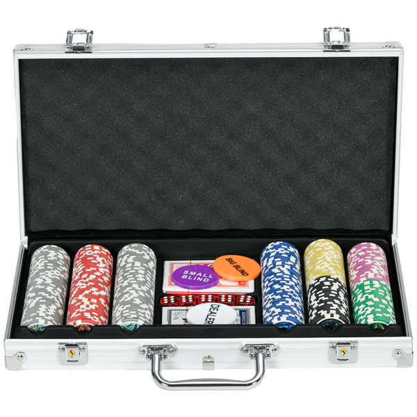 Bild 1 von SPORTNOW Pokerkoffer Set, 300 Pokerchips 11,5 Gramm, Pokerset mit Schloss, 2 Pokerdecks, 5 Würfel, 1 Dealer Button, 1 Small Blind,1 Big Blind, Silber