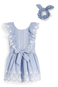 C&A Blume-Set-Kleid und Scrunchie-2 teilig, Blau, Größe: 92