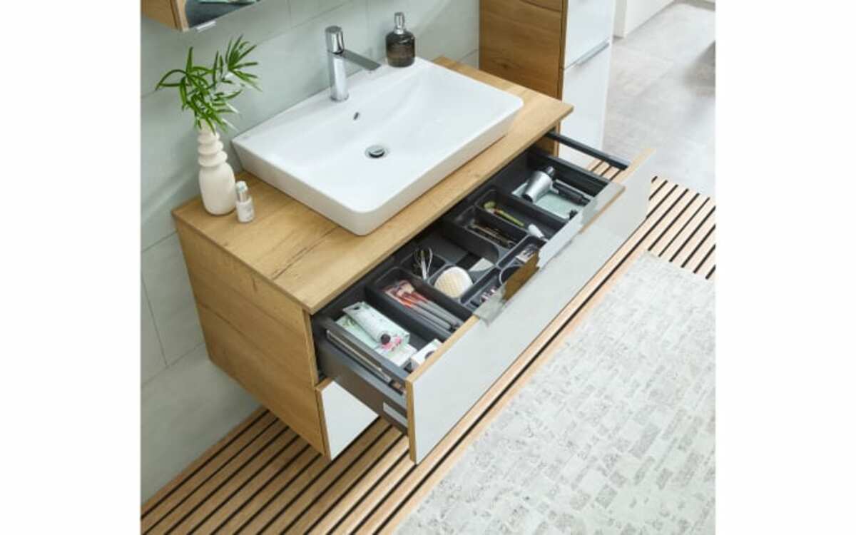 Bild 4 von Mondo - Waschtischunterschrank Arta, weiß/Halifax Eiche-Nachbildung, inkl. Kosmetikeinsatz