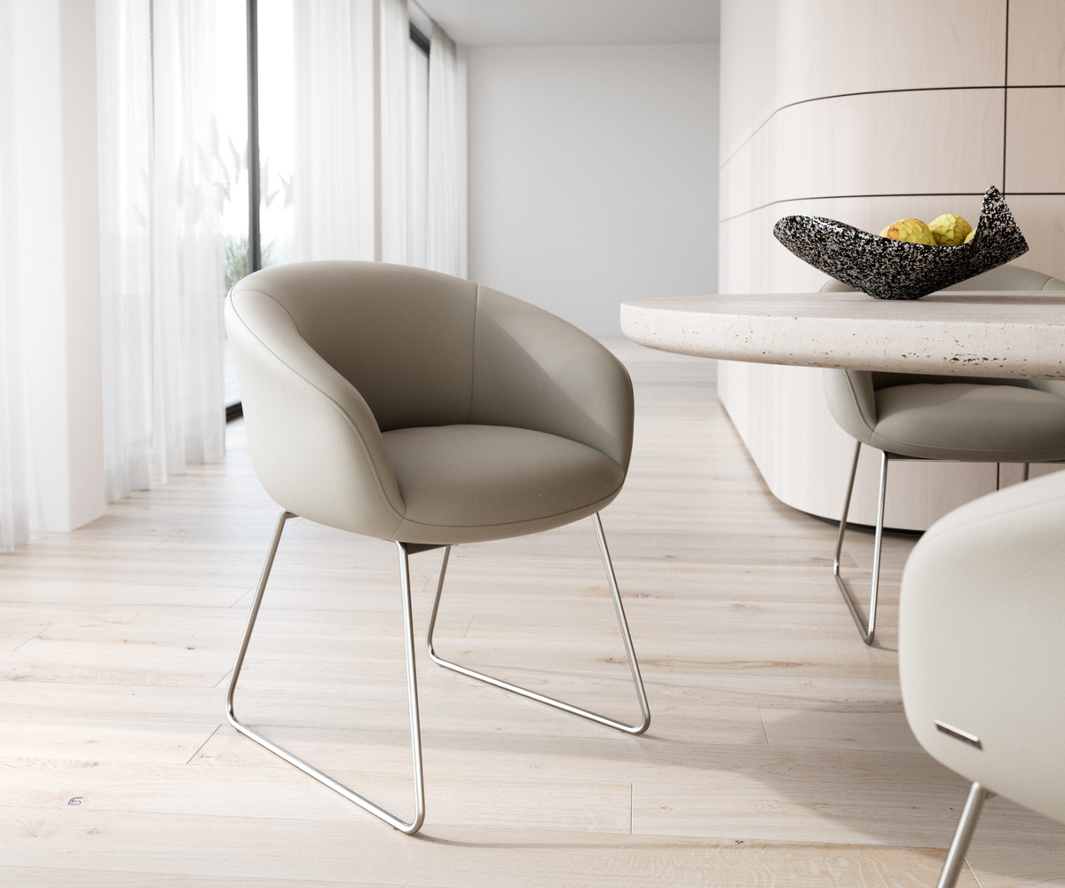 Bild 1 von Esszimmerstuhl Vinka-Flex mit Armlehnen Echt-Leder Schlamm Kufengestell Edelstahl Taschenfederkern