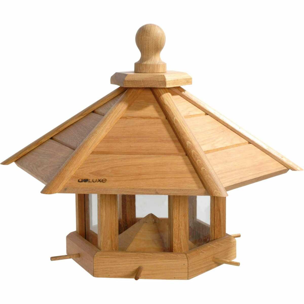 Bild 1 von Sehr großes Eiche Vogelhaus "Anflug", geöltes Eichenholz mit Futtersilo/Anflugstangen 55x62x43