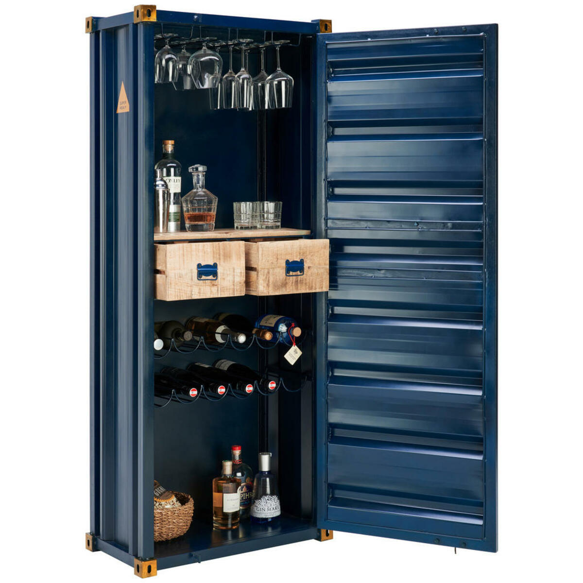 Bild 1 von Ambia Home Barschrank, Blau, Gold, Metall, Mangoholz, Hartholz, Vintage, 1 Fächer, 2 Schubladen, 73x176x41 cm, stehend, handgemacht, Esszimmer, Barmöbel, Barschränke & Theken
