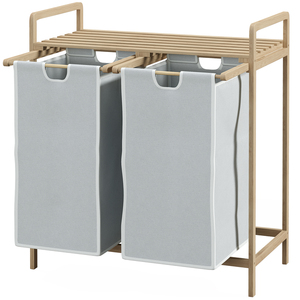 HOMCOM Wäschekorb Wäschebox mit 2 abnehmbaren Wäschesacke Wäschesammler mit Plattform Wäschesortierer für Badezimmer Bambus Creme 63,5 x 33 x 73 cm