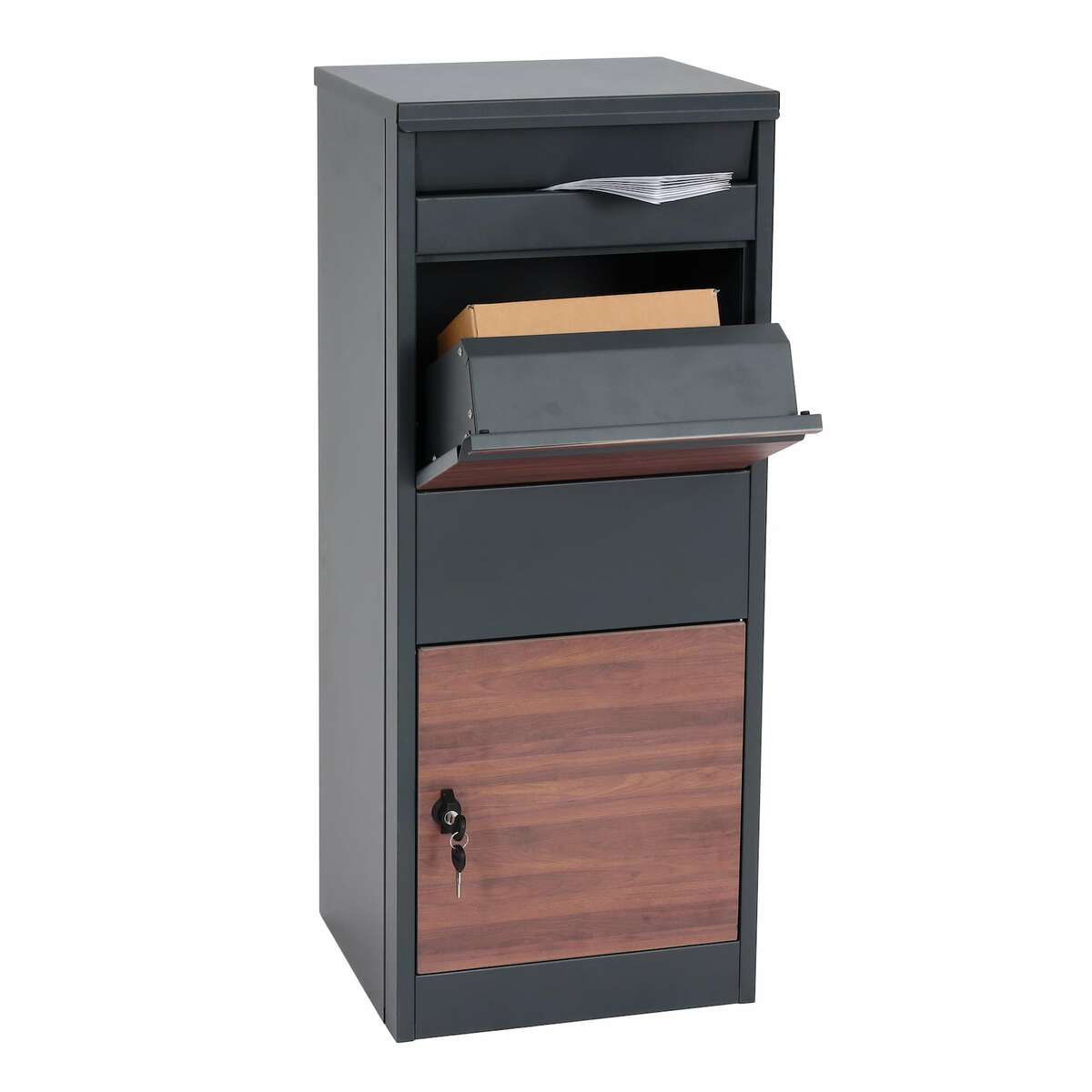 Bild 1 von Paketkasten MCW-G80, Paketbox Standbriefkasten Briefkasten Größe L ~ verzinkt anthrazit, Holzoptik dunkel