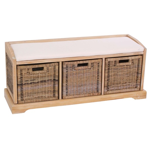 Bild 1 von Sitzbank Adana, Aufbewahrungsbox, 3 Körbe, Kubu-Rattan-Geflecht, 112x46x37cm ~ hell