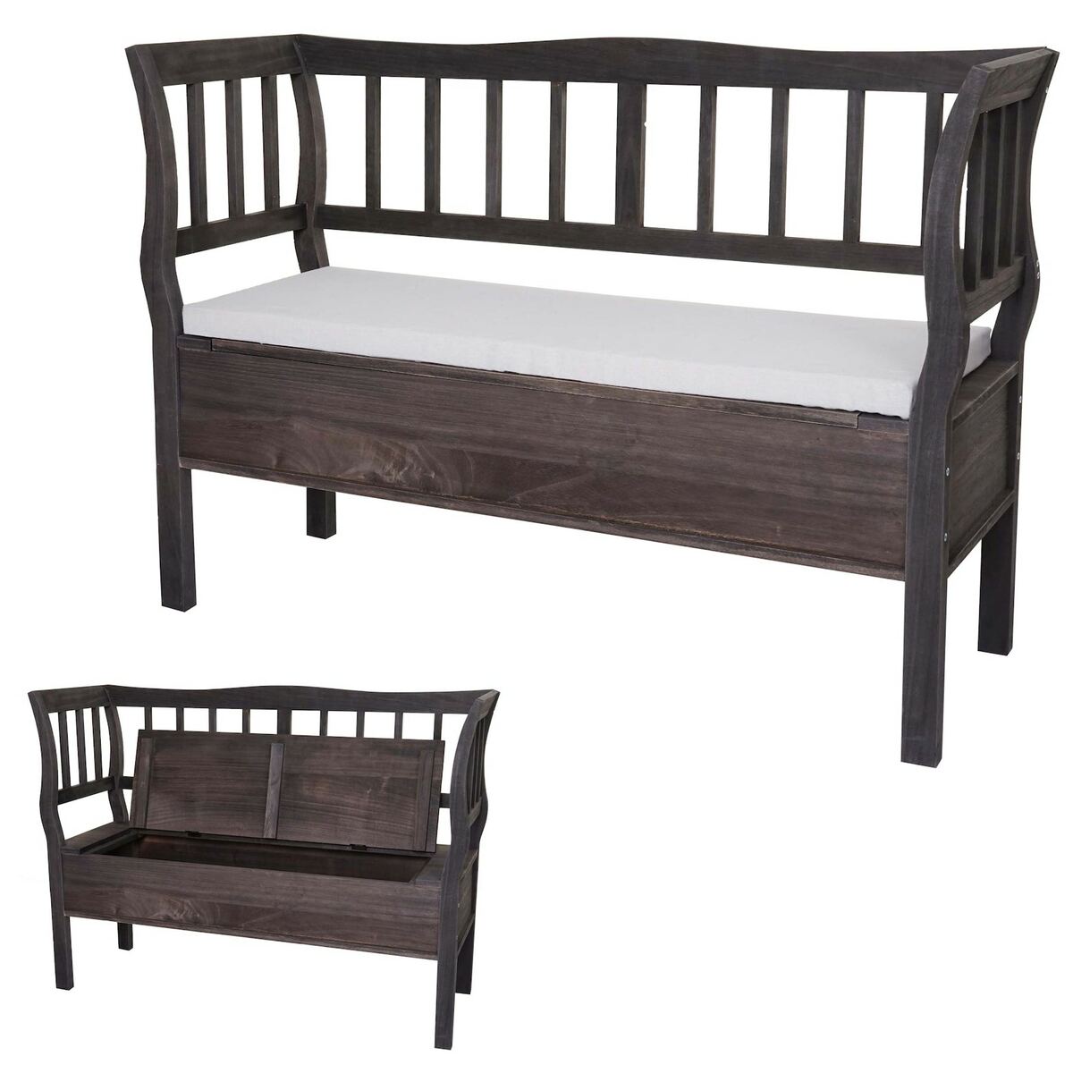 Bild 1 von Sitzbank H207, Bank Truhenbank Holzbank Aufbewahrungstruhe, Staufach Kissen Holz 119cm ~ grau-braun, shabby