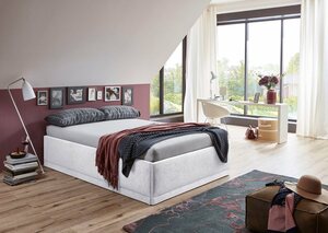 Westfalia Schlafkomfort Polsterbett Texel, Standardhöhe mit Zierkissen, Bettkasten bei Ausführung mit Matratze, Weiß