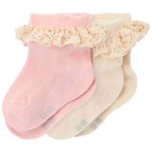 2 Paar Newborn Socken mit Spitzenrüsche BEIGE / ROSA