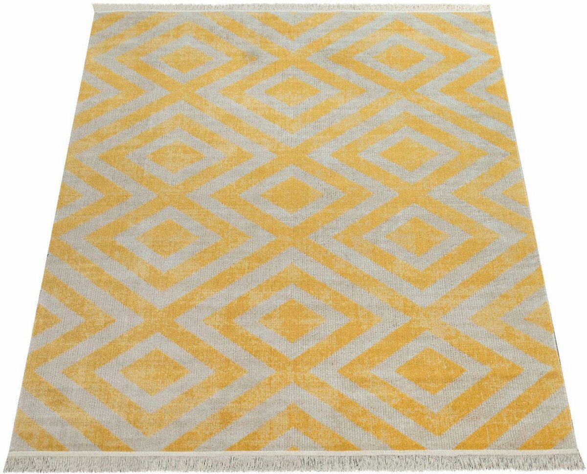 Bild 1 von Teppich Poco 821, Paco Home, rechteckig, Höhe: 6 mm, Kurzflor, Rauten Design, mit Fransen, In- und Outdoor geeignet, Gelb|weiß