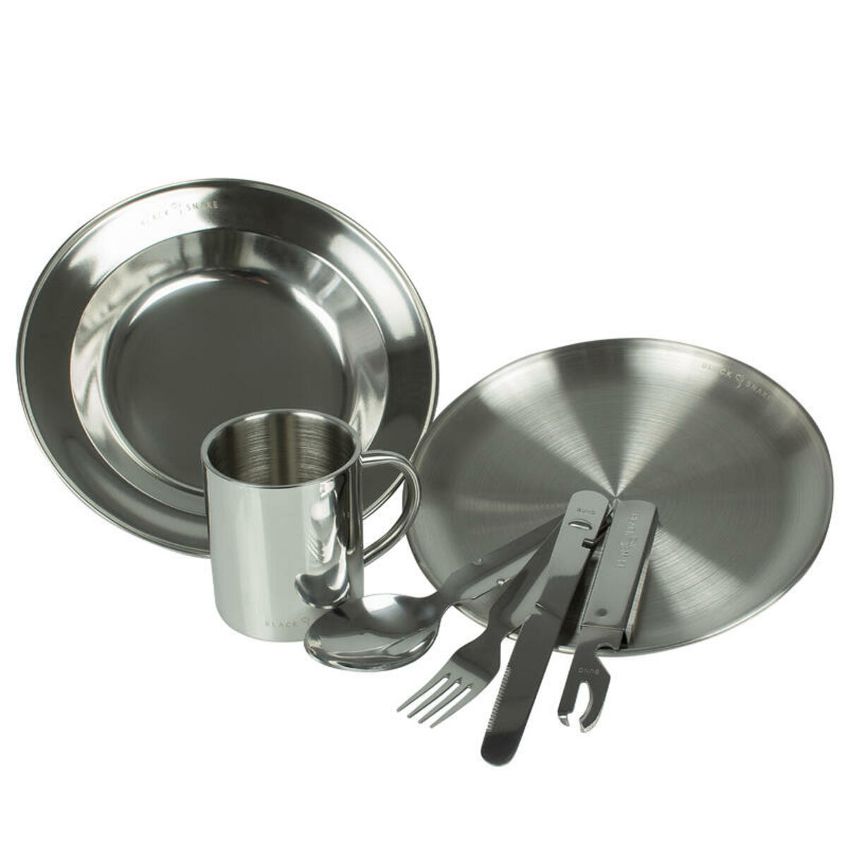 Bild 1 von BLACK SNAKE Camping Teller flach & tief, Besteck und Thermotasse Set | Edelstahl