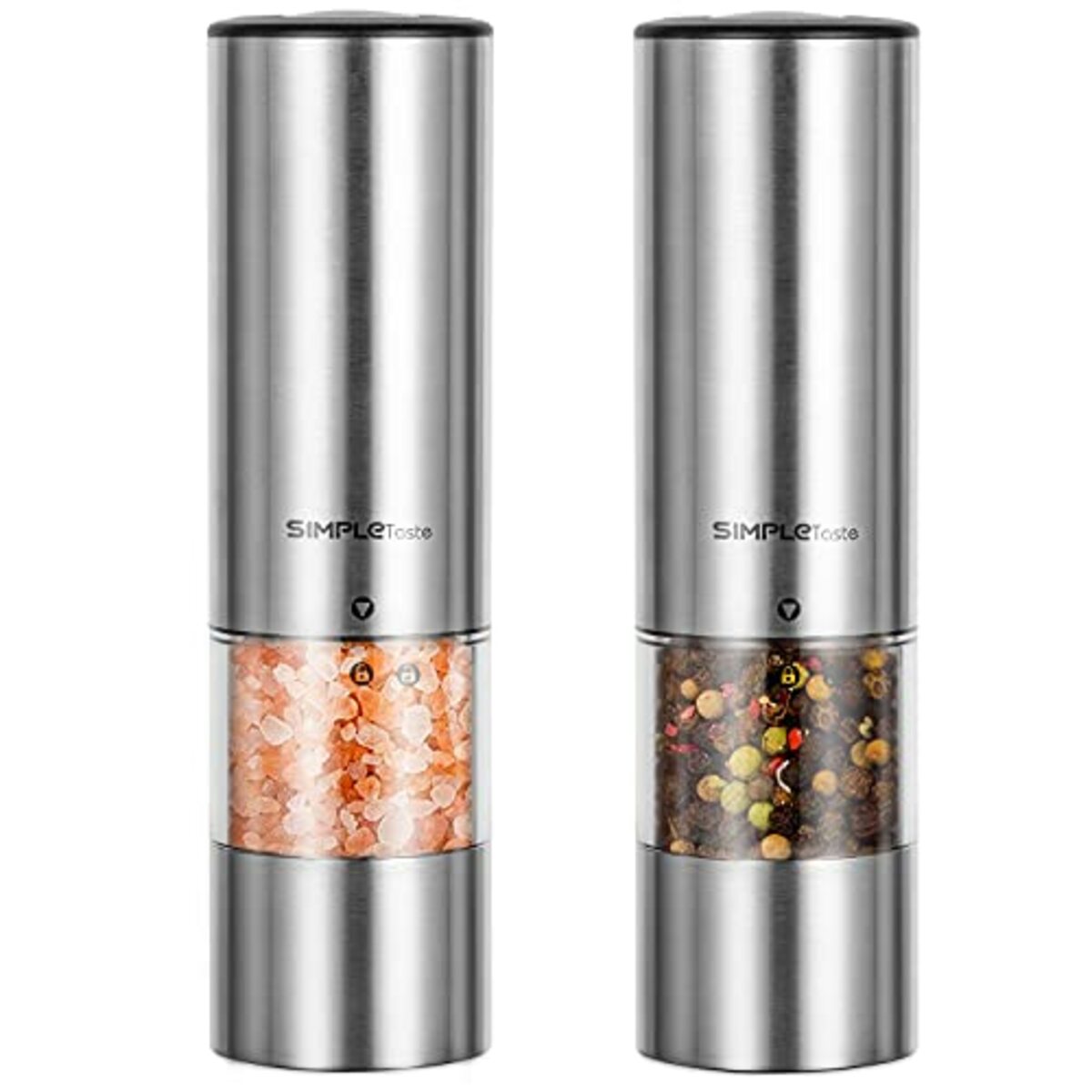 Bild 1 von SIMPLETASTE Elektrische Pfeffermühle Salzmühle, mit Verstellbarem Keramikmahlwerk 2er Set Gewürzmühle aus Edelstahl Batteriebetrieben mit LED