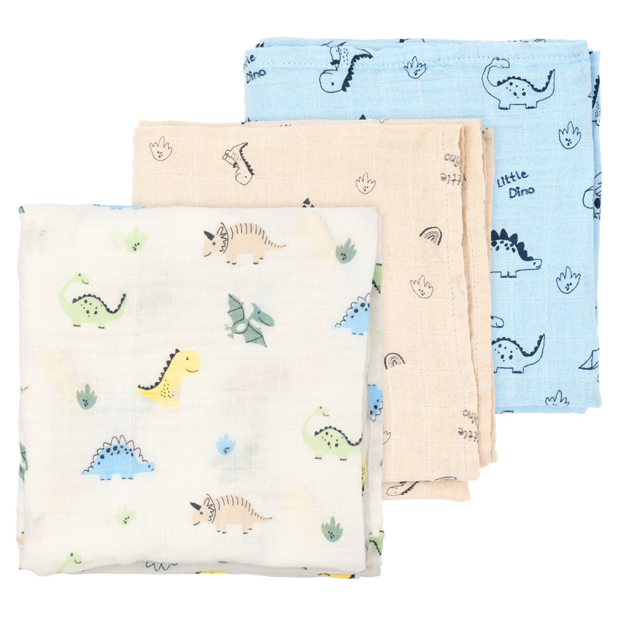 Bild 1 von 3 Musselintücher mit Dino-Prints HELLBLAU / BEIGE / WEISS