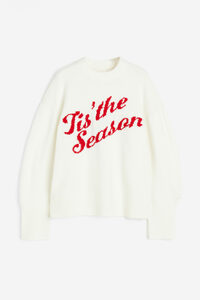H&M Oversized Pullover in Jacquardstrick Cremefarben/Tis' the Season Größe XS. Farbe: Cream/tis' season