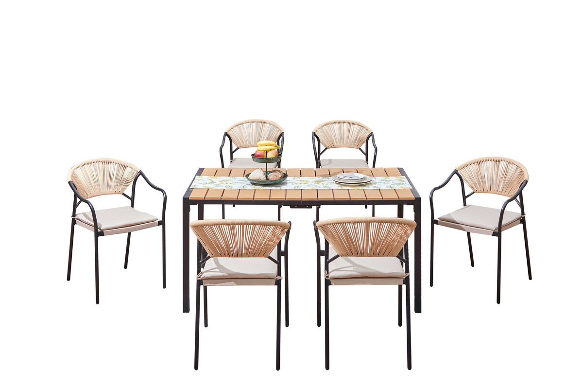 Bild 3 von Happy Home 7 tlg. Dining Set HGS33-BEI helles Rattan mit Sitzkissen in Beige