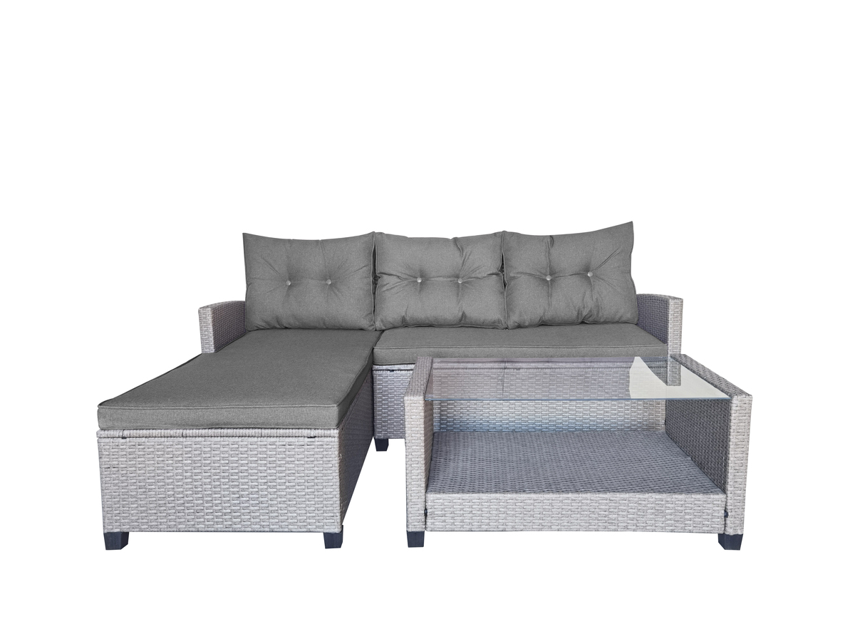 Bild 4 von Happy Home 3 tlg. Eck-Loungeset HGS42-GRA graues Rattan mit Sitzkissen in grau