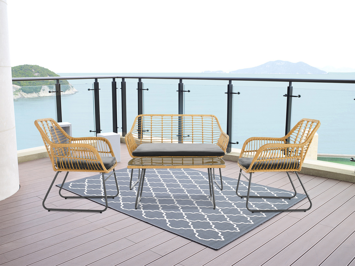 Bild 2 von Happy Home 4 tlg. Lounge Set HGS45-GRA helles Rattan mit Sitzkissen in grau
