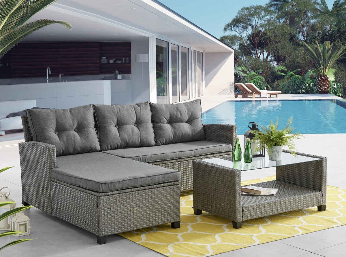 Bild 1 von Happy Home 3 tlg. Eck-Loungeset HGS42-GRA graues Rattan mit Sitzkissen in grau