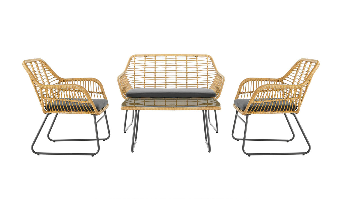 Bild 3 von Happy Home 4 tlg. Lounge Set HGS45-GRA helles Rattan mit Sitzkissen in grau