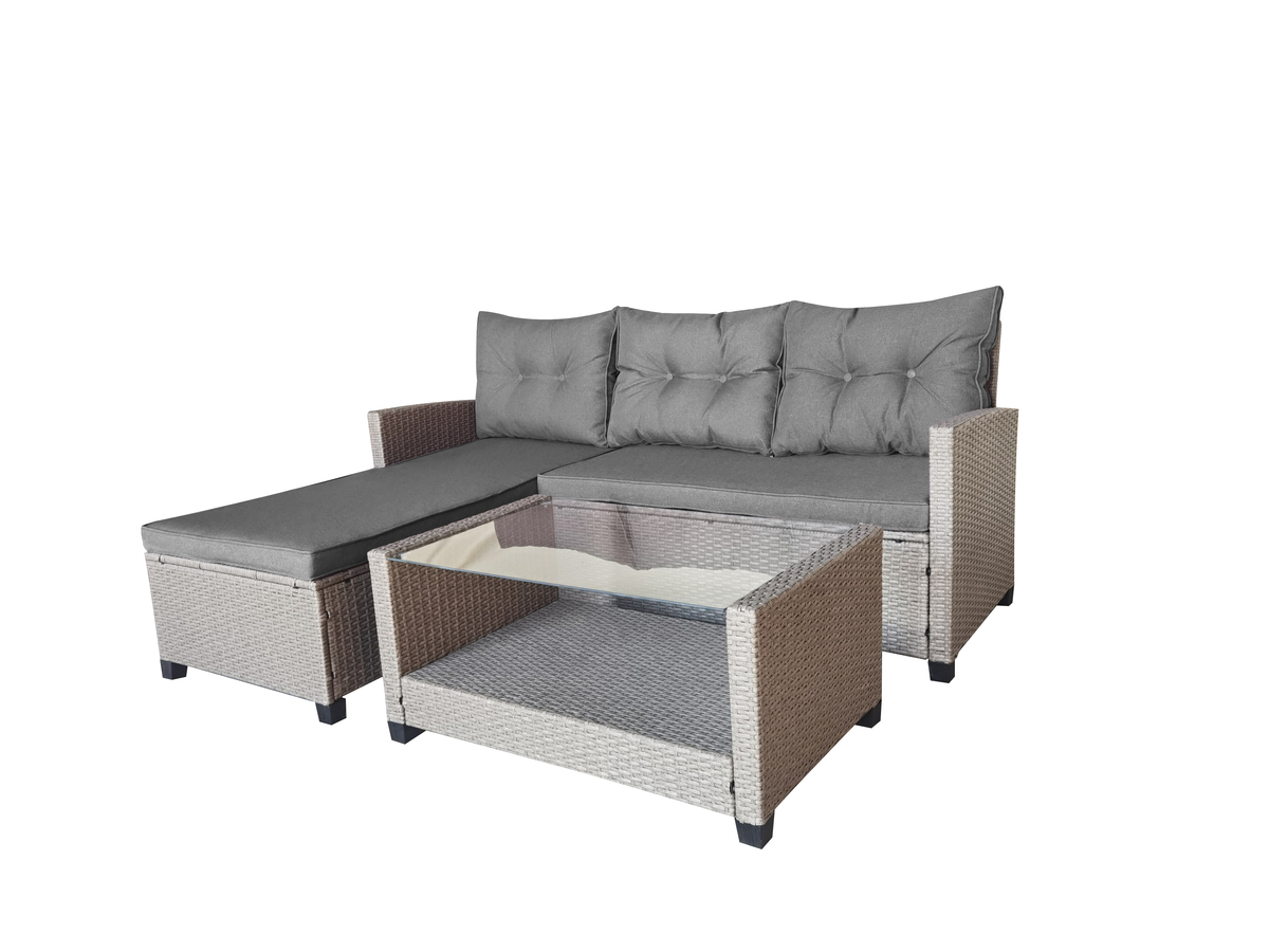 Bild 3 von Happy Home 3 tlg. Eck-Loungeset HGS42-GRA graues Rattan mit Sitzkissen in grau