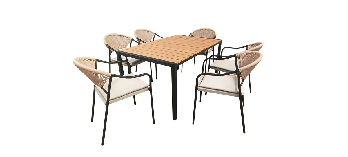 Bild 1 von Happy Home 7 tlg. Dining Set HGS33-BEI helles Rattan mit Sitzkissen in Beige