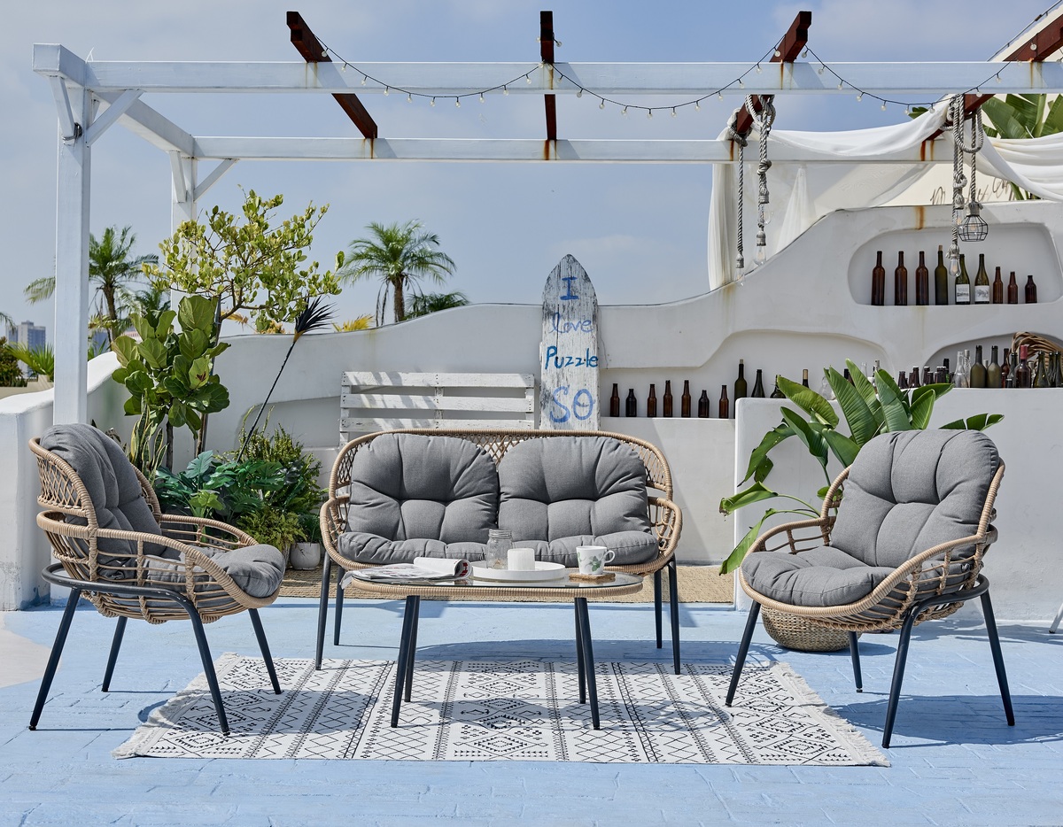 Bild 1 von Happy Home 4 tlg. Lounge Set HGS40-GRA helles Rattan mit Sitzkissen in grau
