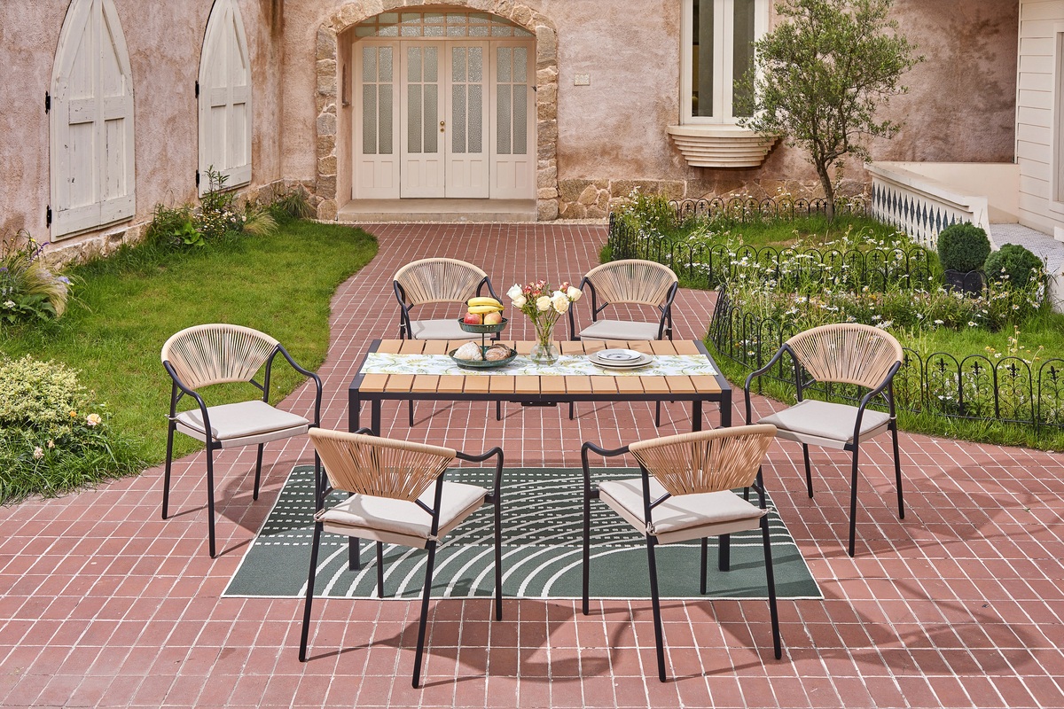 Bild 2 von Happy Home 7 tlg. Dining Set HGS33-BEI helles Rattan mit Sitzkissen in Beige