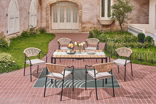 Bild 2 von Happy Home 7 tlg. Dining Set HGS33-BEI helles Rattan mit Sitzkissen in Beige