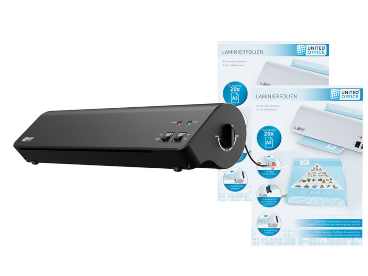 Bild 1 von UNITED OFFICE® Laminiergerät A3 ULG 300 B1 (schwarz) + 2x Laminierfolienset (A3)