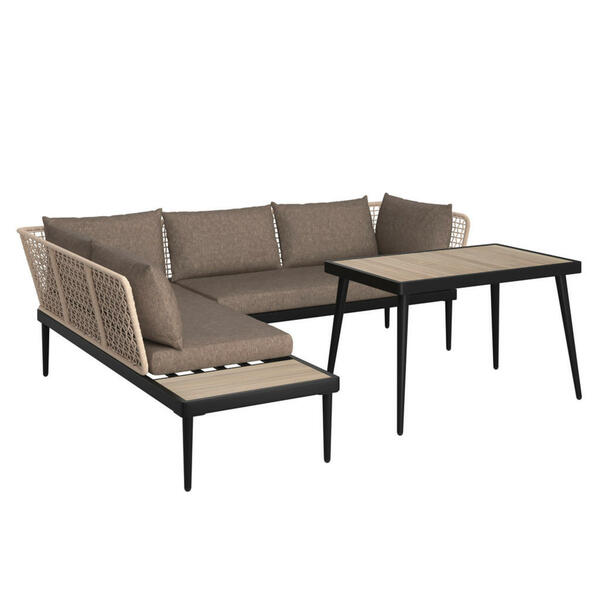 Bild 1 von Ambia Garden Gartengarnitur, Grau, Schwarz, Beige, Teak, Holz, Metall, Textil, Akazie, massiv, Füllung: Komfortschaum, 227x186 cm, Gartenmöbel, Gartenmöbel-Sets