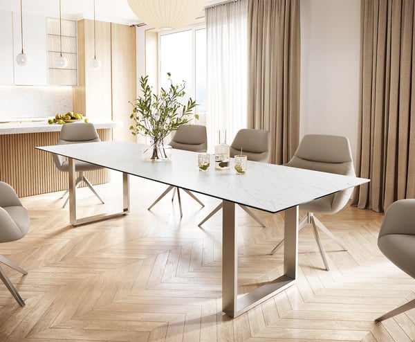 Bild 1 von Esstisch Edge 300x100 Keramik Laminam® Statuarietto Weiß Edelstahl Schmal