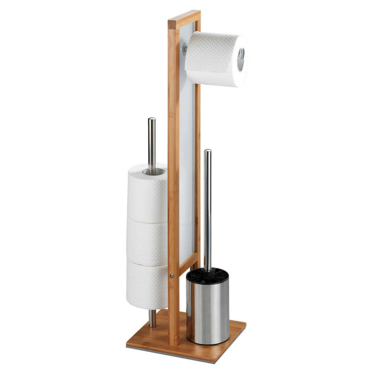 Bild 1 von Wenko Wc-Bürstengarnitur, Weiß, Chrom, Hellbraun, Holz, Kunststoff, Glas, Bambus, 23x70x18 cm, Bürstenkopf austauschbar, Ersatzrollenhalter, Papierhalter, Badaccessoires, WC Zubehör, WC Bürsten
