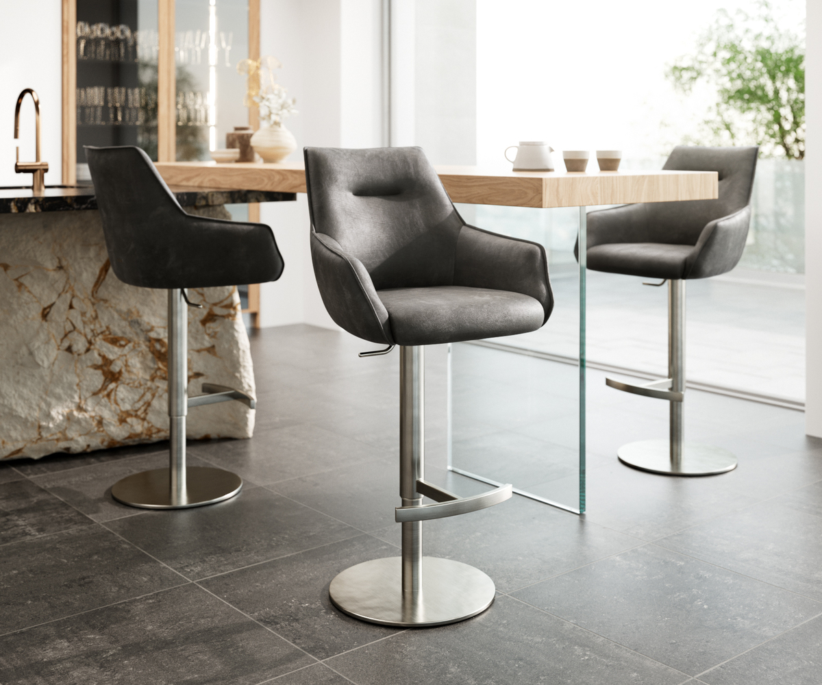 Bild 1 von Barstuhl Alja-Flex Mikrofaser Anthrazit Vintage Drehfuß höhenverstellbar Edelstahl drehbar Taschenfederkern