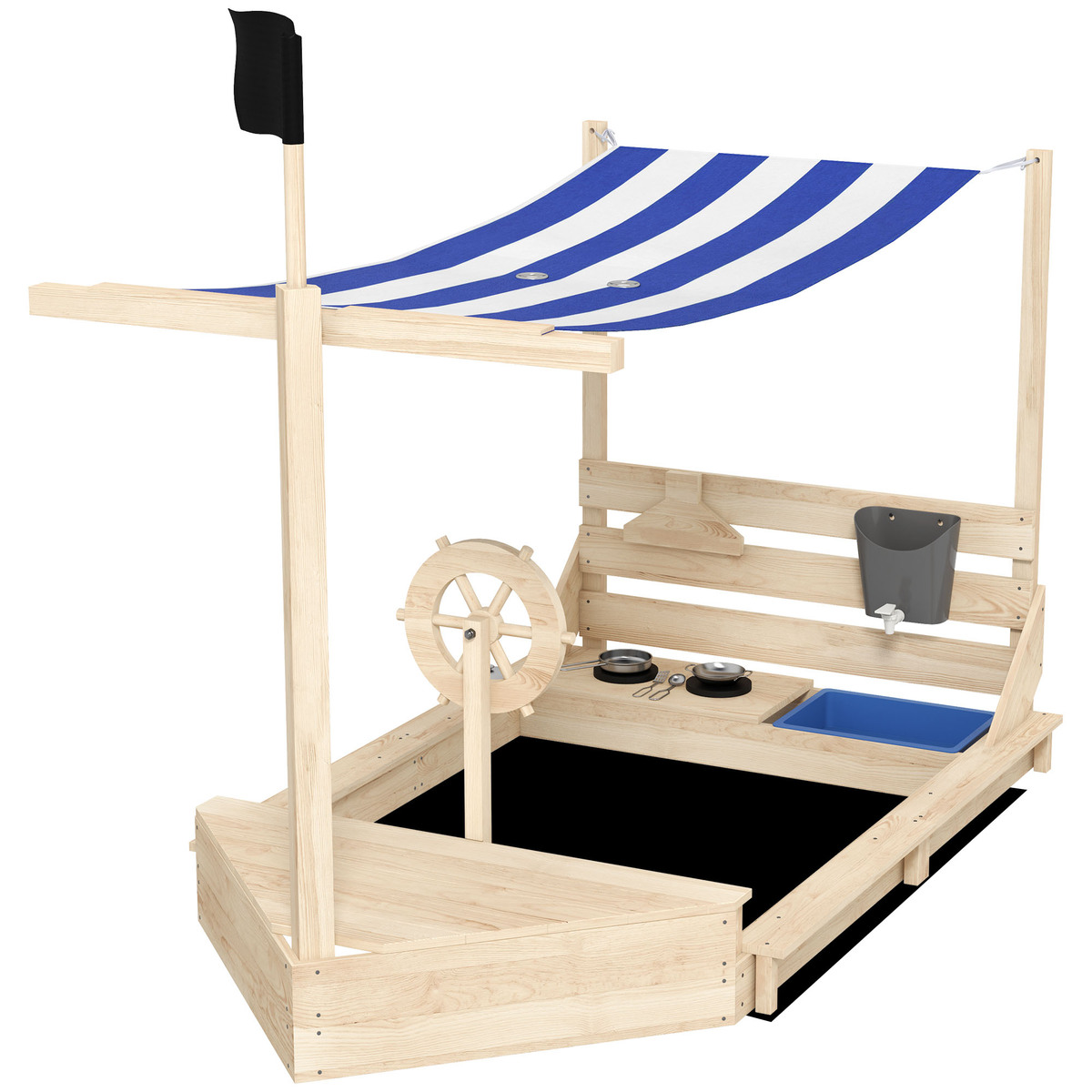 Outsunny Sandkasten Sandkiste groß mit Abdeckung im Schiff Design Matschekiste aus Holz