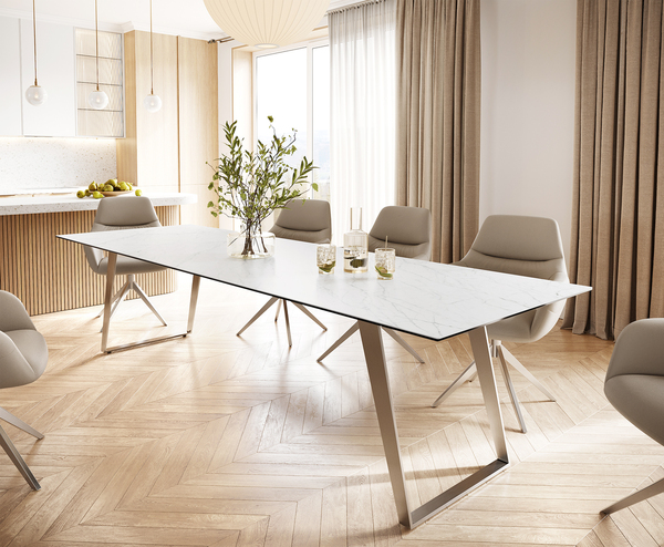 Bild 1 von Esstisch Edge 300x100 Keramik Laminam® Statuarietto Weiß Edelstahl Schräg