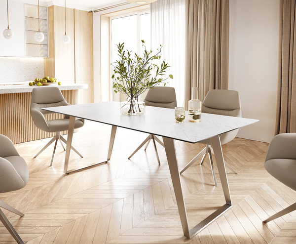 Bild 1 von Esstisch Edge 200x100 Keramik Laminam® Statuarietto Weiß Edelstahl Schräg