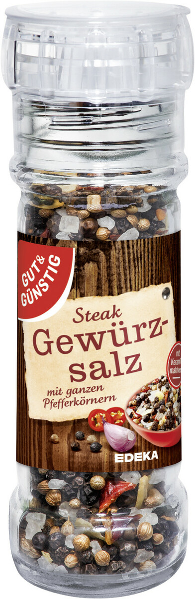 Bild 1 von Gut & Günstig Steak Gewürzsalz mit ganzen Pfefferkörner mit verstellbarer Einweg Mühle 60G