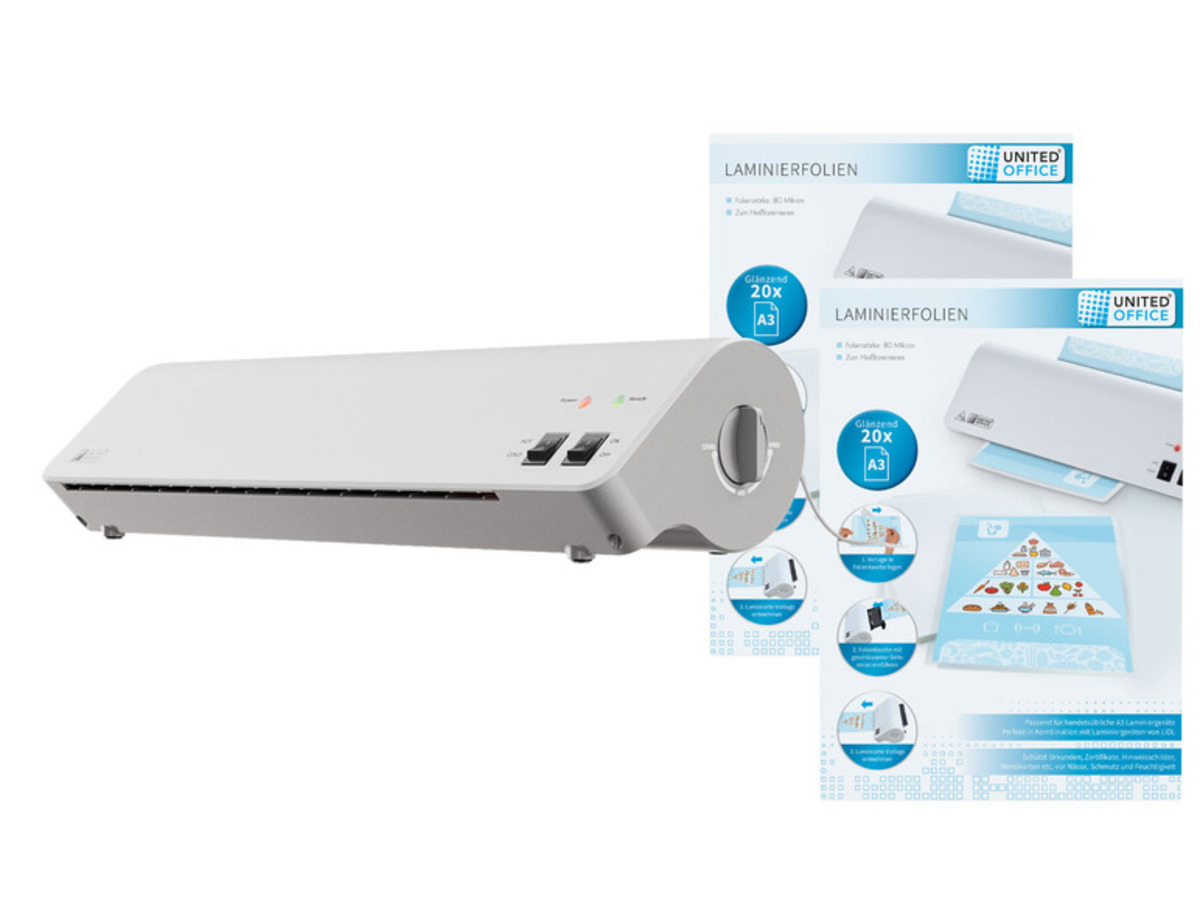 Bild 1 von UNITED OFFICE® Laminiergerät A3 ULG 300 B1 (weiß/grau) + 2x Laminierfolienset (A3)