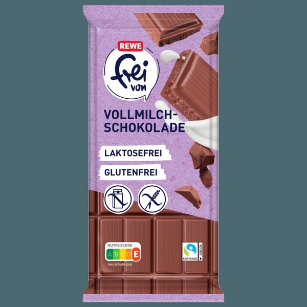 Bild 1 von REWE frei von Vollmilchschokolade laktosefrei glutenfrei 100g