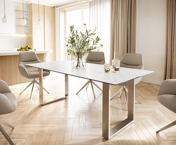 Bild 1 von Esstisch Edge 200x100 Keramik Laminam® Statuarietto Weiß Edelstahl Schmal