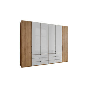 Dieter Knoll Falttürenschrank, Weiß, Eiche Bianco, Holzwerkstoff, 8 Fächer, 6 Schubladen, 300x216x58 cm, ISO 9001, Goldenes M, Made in Germany, Beimöbel erhältlich, umfangreiches Zubehör in ver