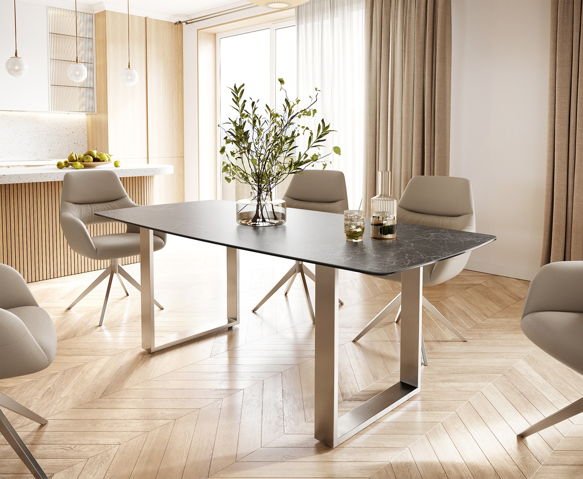 Bild 1 von Esstisch Edge Bootsform 200x100 Keramik Laminam® Nero Greco Grau Edelstahl Schmal