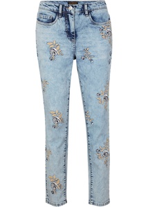 Jeans mit floraler Stickerei, 50, Blau
