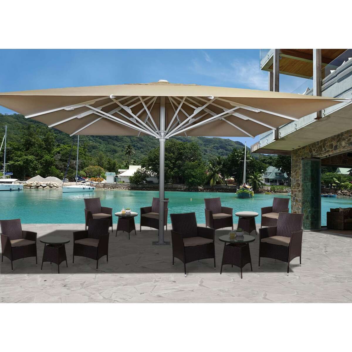 Bild 1 von Gastronomie-Luxus-Sonnenschirm MCW-D20b, XXL-Schirm Marktschirm, 5x5m (Ø7,2m) Polyester/Alu 75kg ~ beige