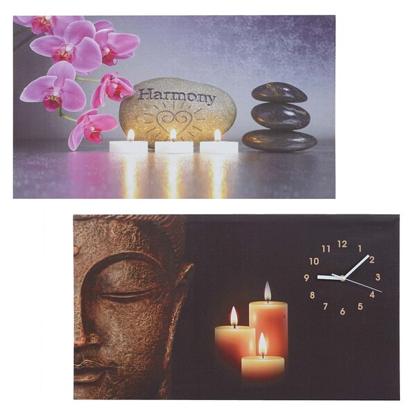 Bild 1 von 2er-Set LED-Bild, Leuchtbild Leinwandbild Wandbild, Timer Buddha/Harmony Wanduhr 70x40cm