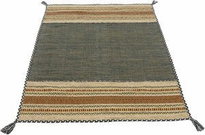 Teppich Kelim Azizi, carpetfine, rechteckig, Höhe: 5 mm, Baumwolle, Wendeteppich mit Fransen, Wohnzimmer, Grün