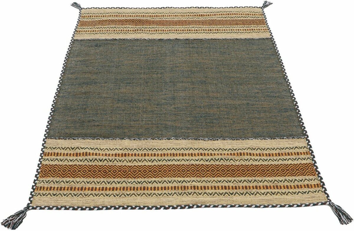 Bild 1 von Teppich Kelim Azizi, carpetfine, rechteckig, Höhe: 5 mm, Baumwolle, Wendeteppich mit Fransen, Wohnzimmer, Grün