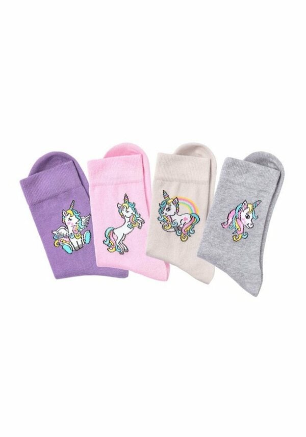 Bild 1 von H.I.S Basicsocken (4-Paar) mit Einhorn Motiven, Bunt|grau|lila|rosa